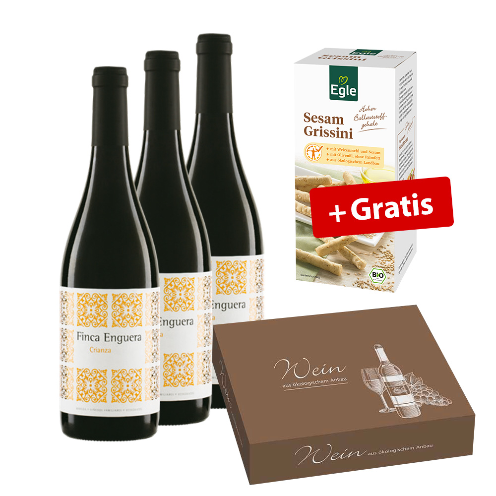 Bio Finca Enguera Crianza,  3 x 0.75 l + Gratis Sesam Grissini, 100 g 